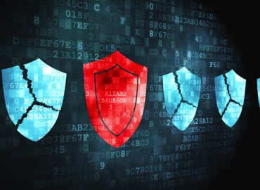 Protection concept: pixelated Shield icon on digital background, 3d render